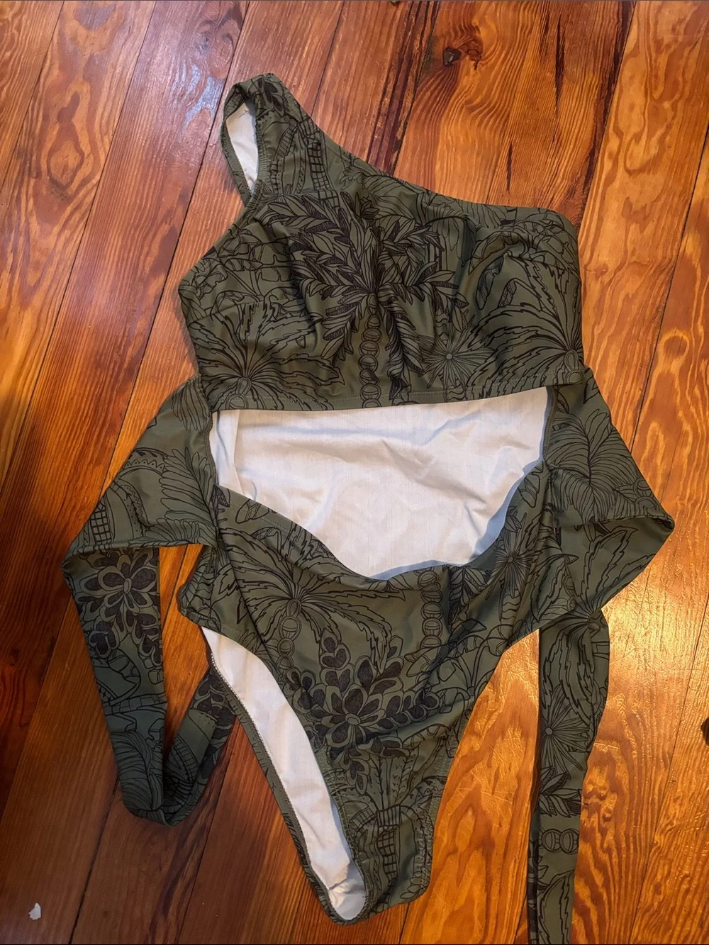 One-Shoulder Olive Green Tie-Waist One-Piece Swimsuit